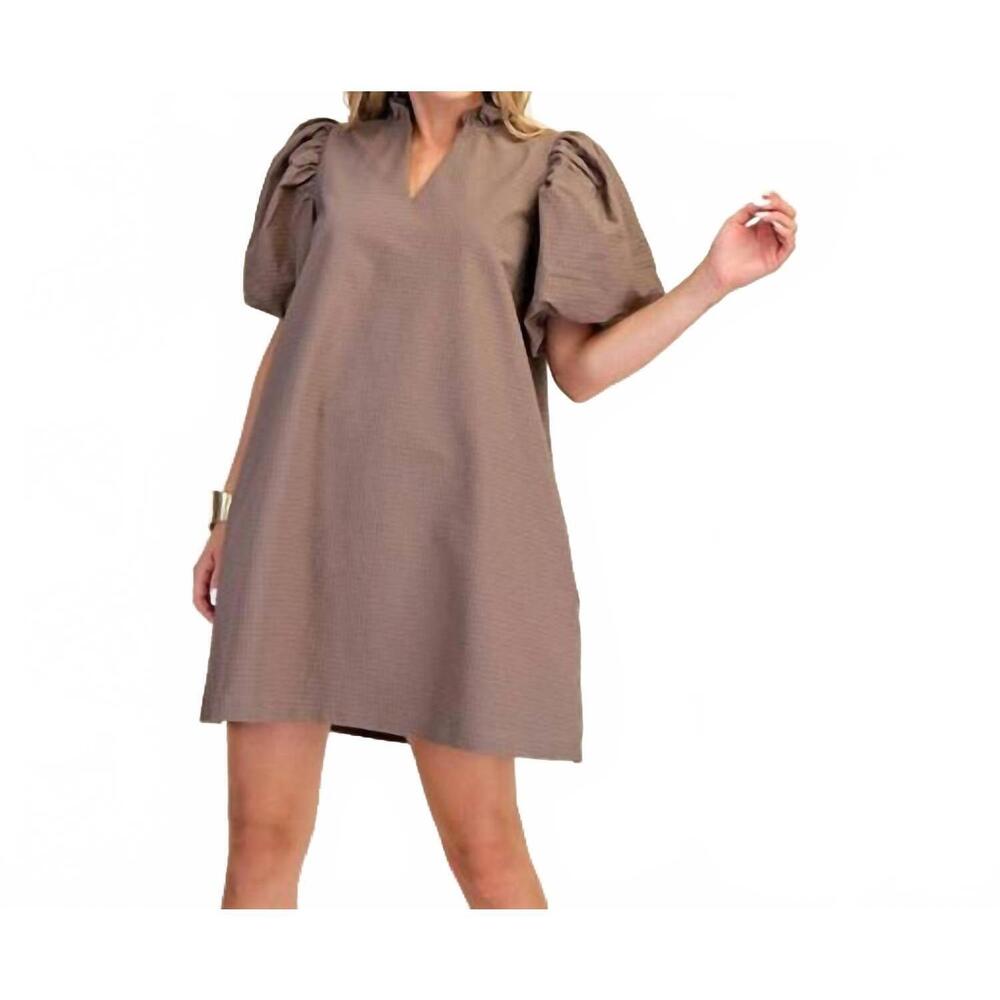 NEW STYLE USA ruffle v-neck puff sleeve dress in brown